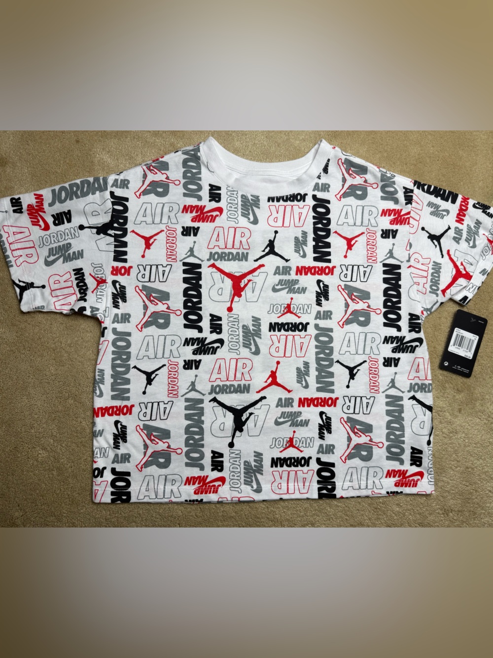 Size Youth XL (12-15) Jordan Kids Allover Logo Tee in White, Red, Black NEW